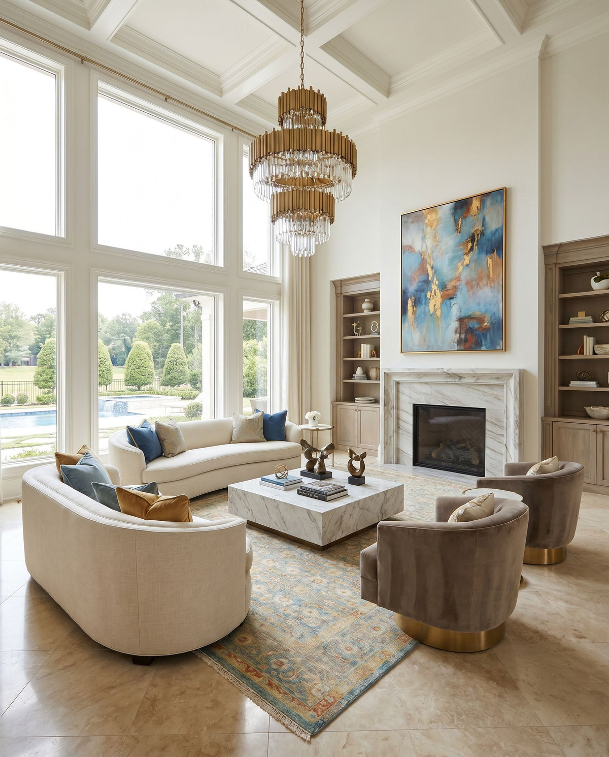 Hamadan HAM-2302 Hand Knotted Rug as the centerpiece of a bright luxury living room — a hand knotted traditional area rug in seafoam, rust, mustard and gray tones