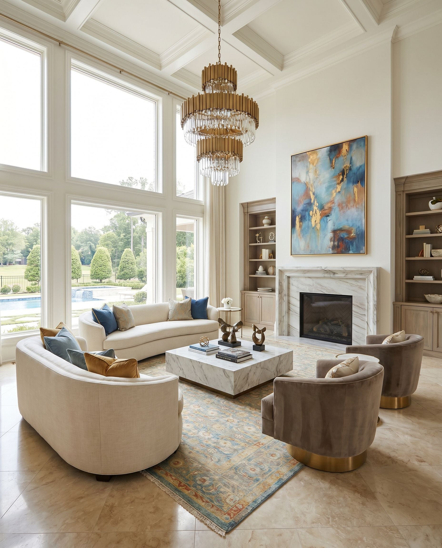 Hamadan HAM-2302 Hand Knotted Rug as the centerpiece of a bright luxury living room — a hand knotted traditional area rug in seafoam, rust, mustard and gray tones