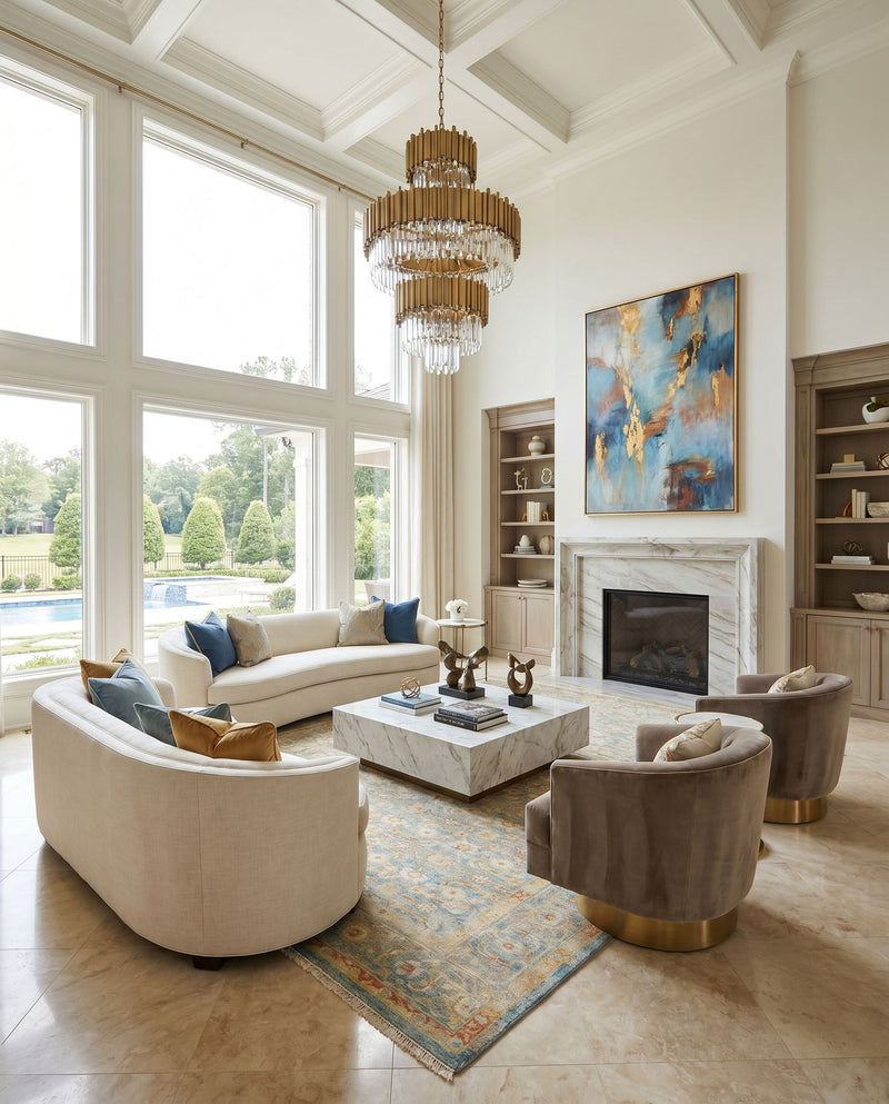 Hamadan HAM-2302 Hand Knotted Rug as the centerpiece of a bright luxury living room — a hand knotted traditional area rug in seafoam, rust, mustard and gray tones