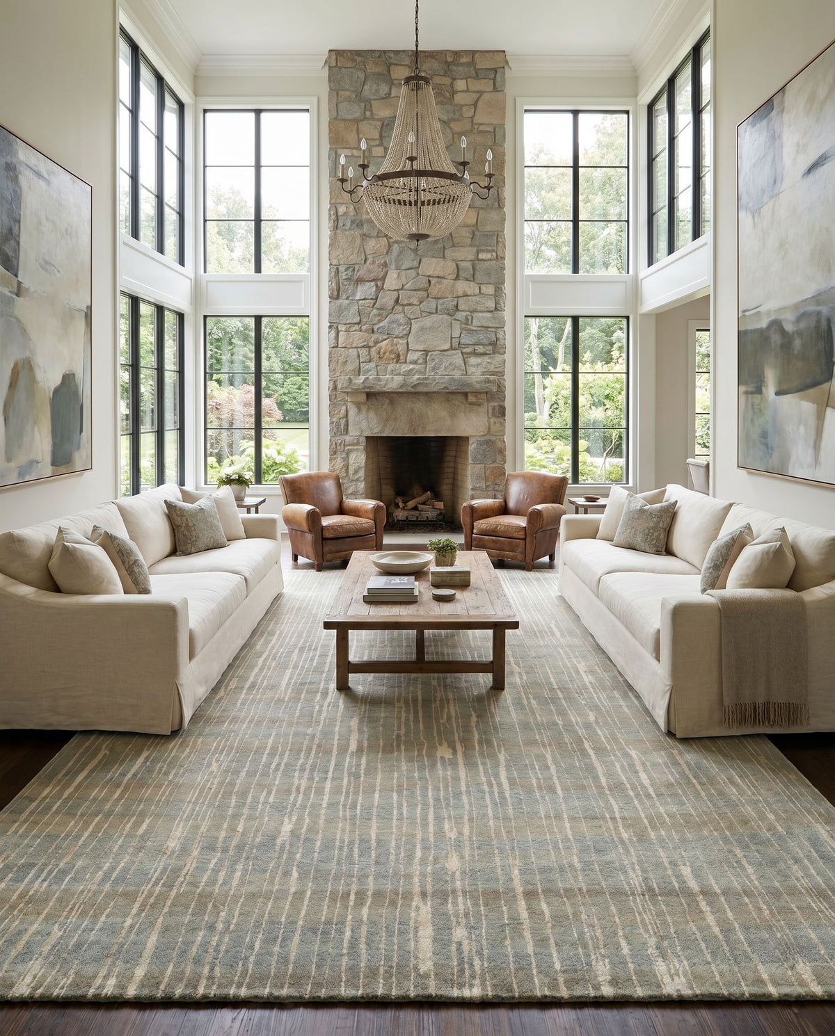 Luminous LMN-3022 Hand Knotted Rug as the centerpiece of a bright luxury living room — a hand knotted modern area rug in sage tones