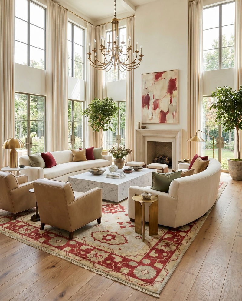 Antique ATQ-1009 Hand Knotted Rug as the centerpiece of a bright luxury living room — a hand knotted traditional area rug in burgundy, beige, tan and mustard tones
