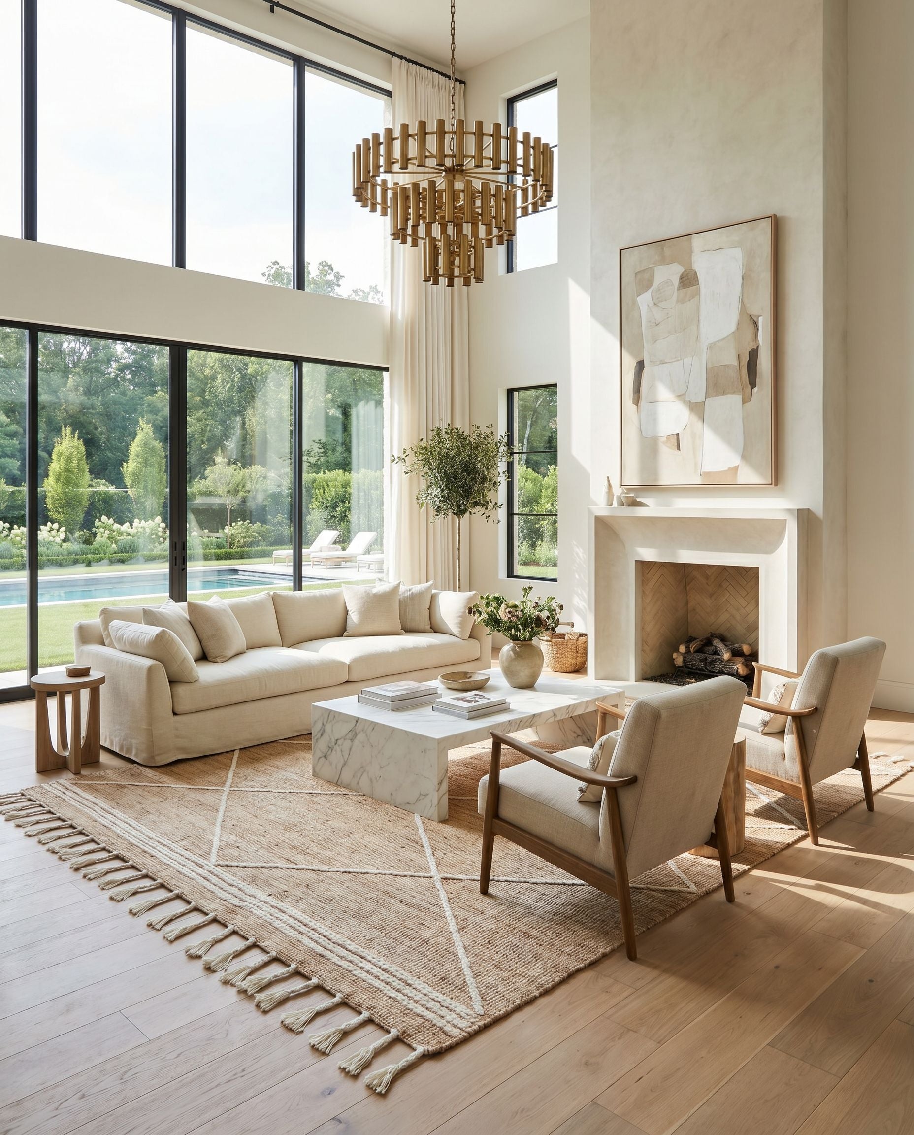 Norwood NWD-2304 Hand Woven Rug as the centerpiece of a bright luxury living room — a hand woven global area rug in tan and cream tones