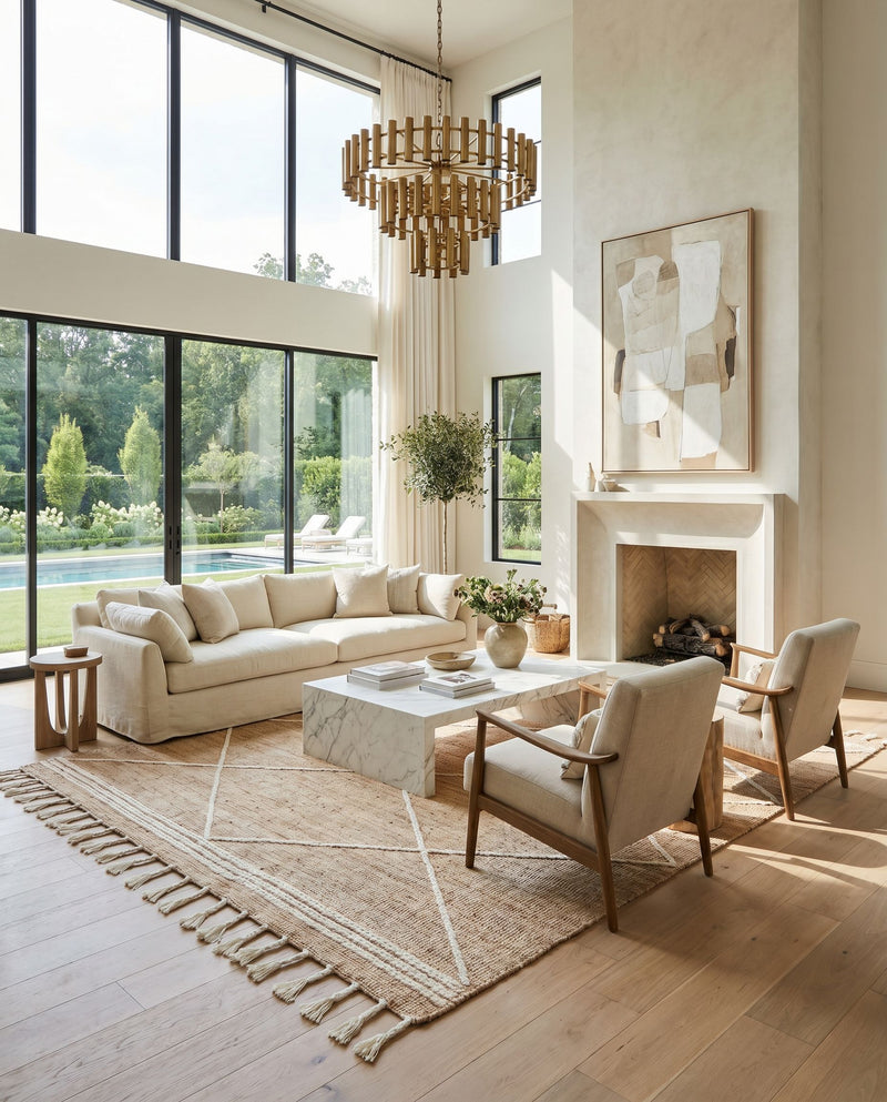 Norwood NWD-2304 Hand Woven Rug as the centerpiece of a bright luxury living room — a hand woven global area rug in tan and cream tones