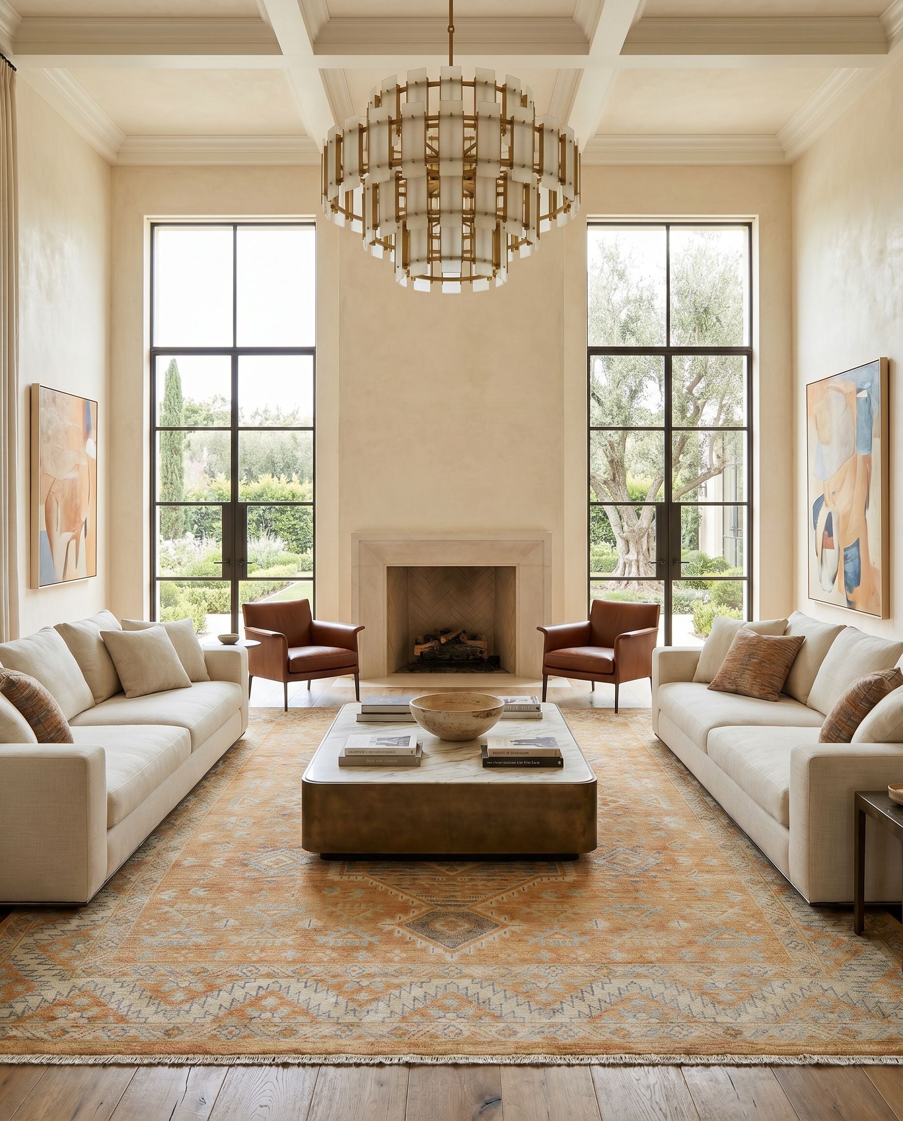 Bunyan BYN-2304 Hand Knotted Rug as the centerpiece of a bright luxury living room — a hand knotted traditional area rug in peach, slate and ivory tones