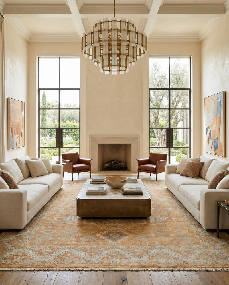 Bunyan BYN-2304 Hand Knotted Rug as the centerpiece of a bright luxury living room — a hand knotted traditional area rug in peach, slate and ivory tones