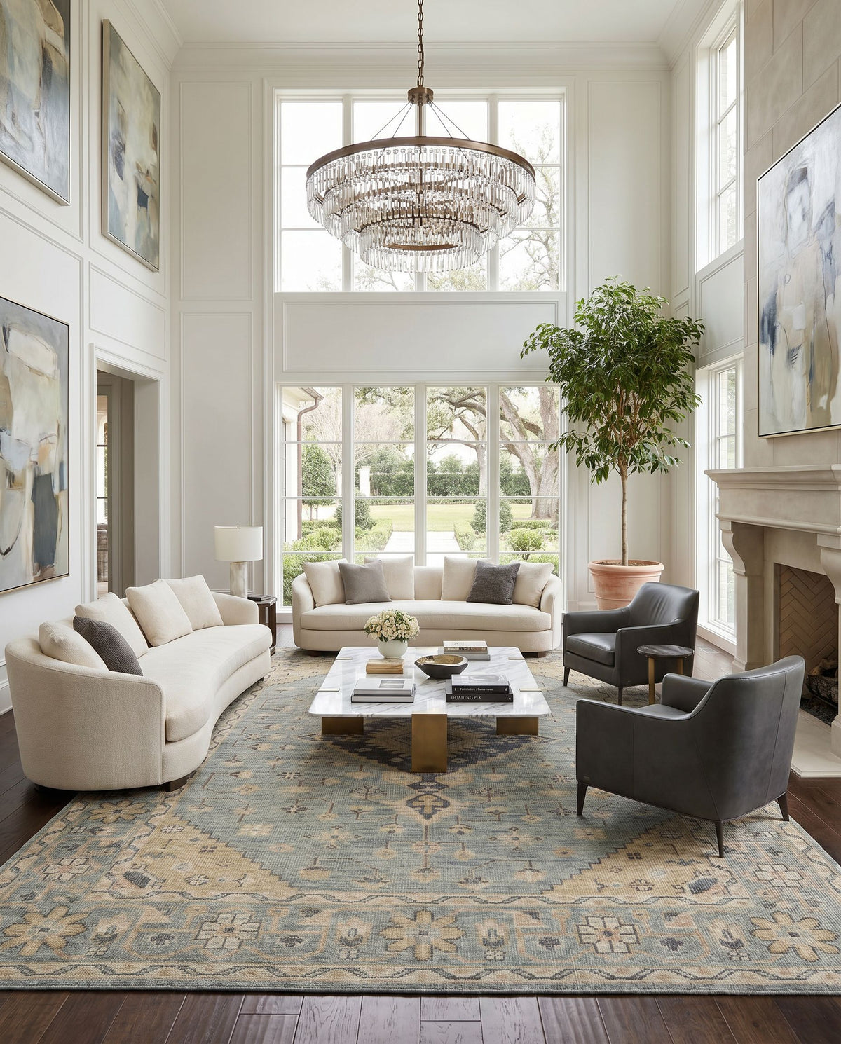 Zahra ZHA-2302 Hand Knotted Rug as the centerpiece of a bright luxury living room — a hand knotted traditional area rug in dusty sage, light sage, blush and light olive tones