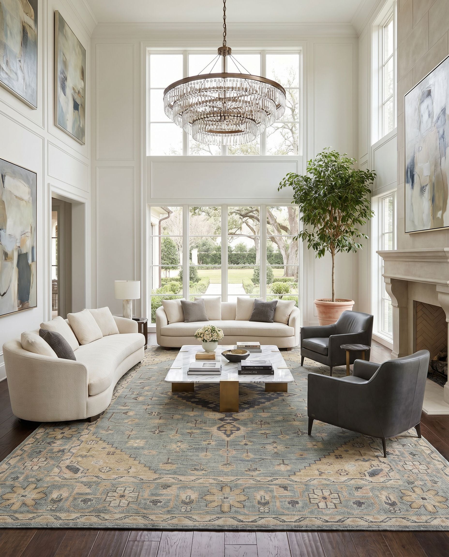 Zahra ZHA-2302 Hand Knotted Rug as the centerpiece of a bright luxury living room — a hand knotted traditional area rug in dusty sage, light sage, blush and light olive tones