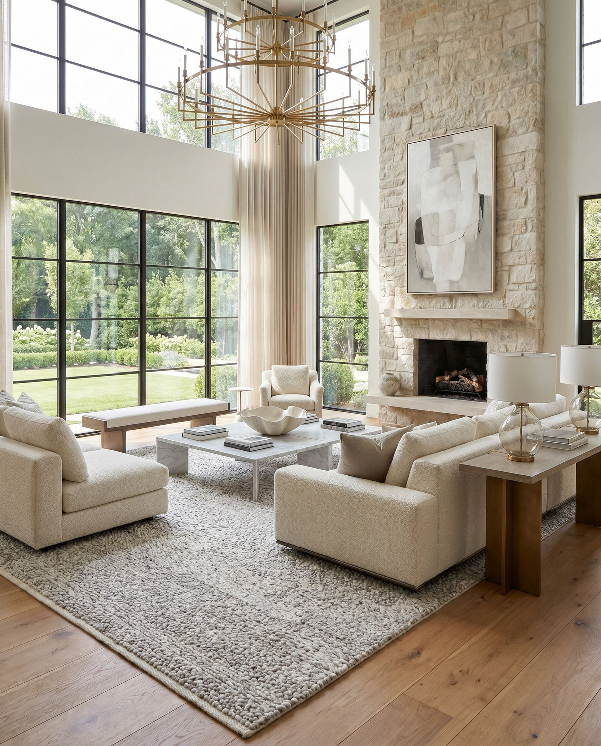Vesta VST-2300 Hand Woven Rug as the centerpiece of a bright luxury living room — a hand woven modern area rug in light gray and dark brown tones