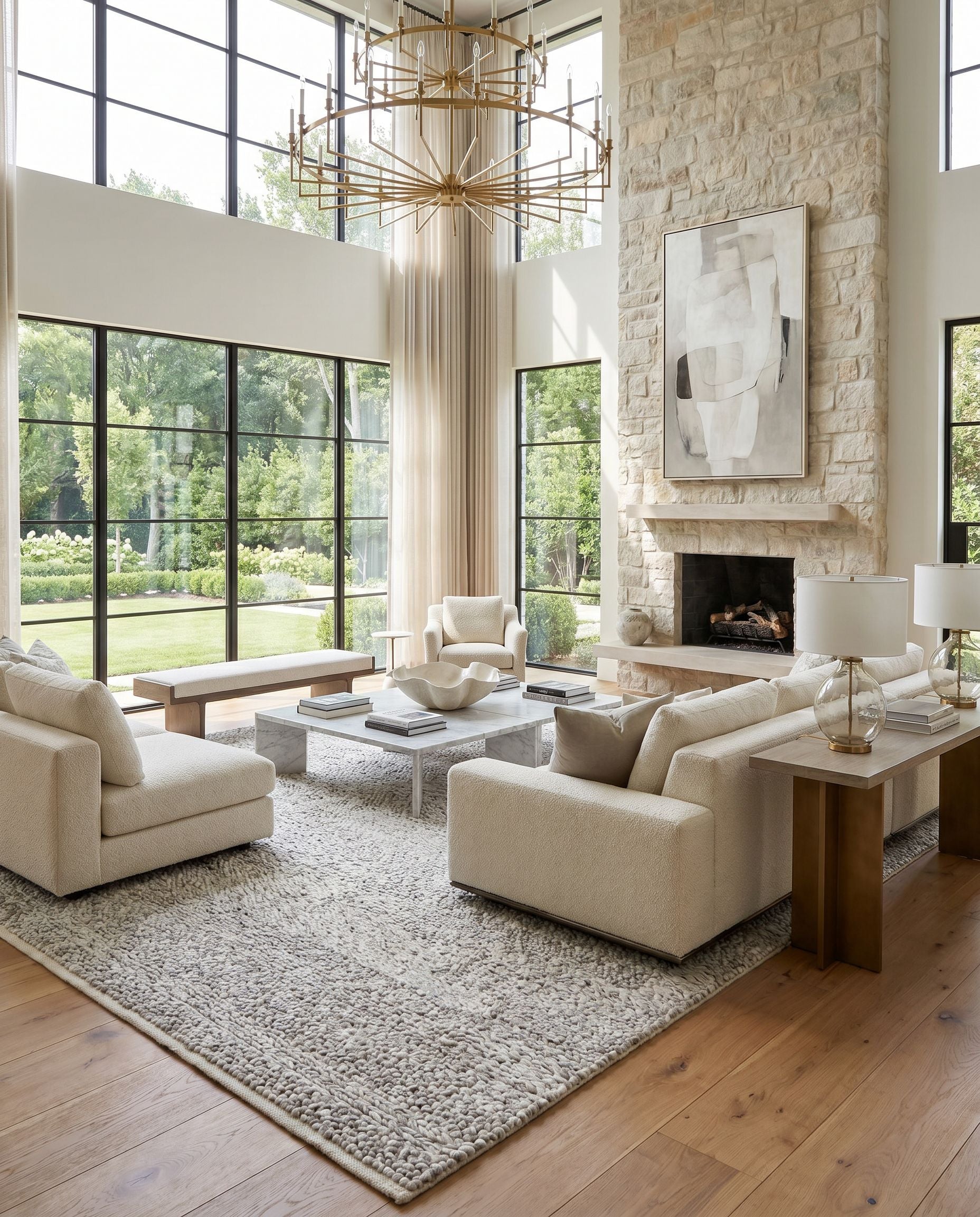 Vesta VST-2300 Hand Woven Rug as the centerpiece of a bright luxury living room — a hand woven modern area rug in light gray and dark brown tones