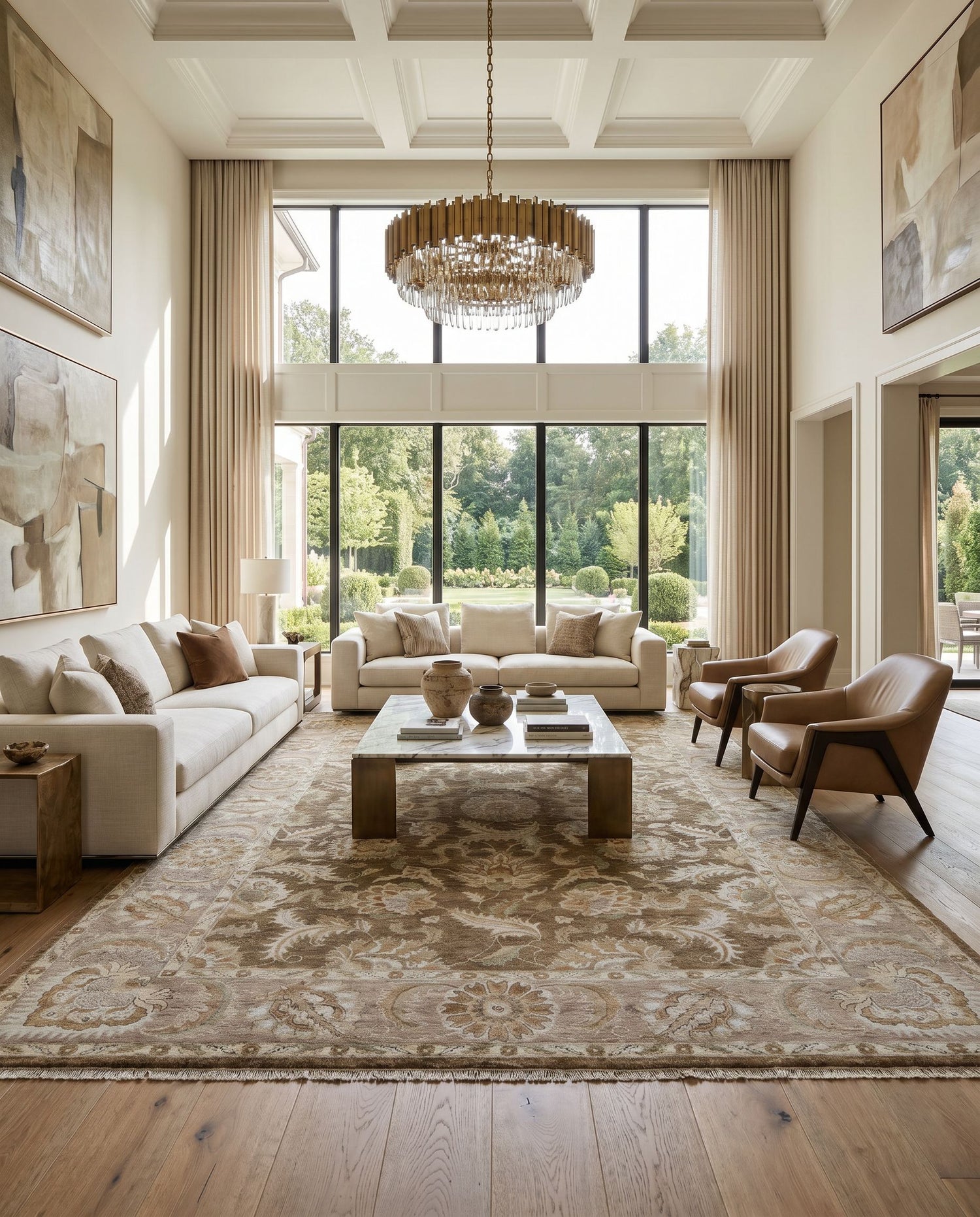 Timeless TIM-7907 Hand Knotted Rug as the centerpiece of a bright luxury living room — a hand knotted traditional area rug in gray, tan, brown and light brown tones