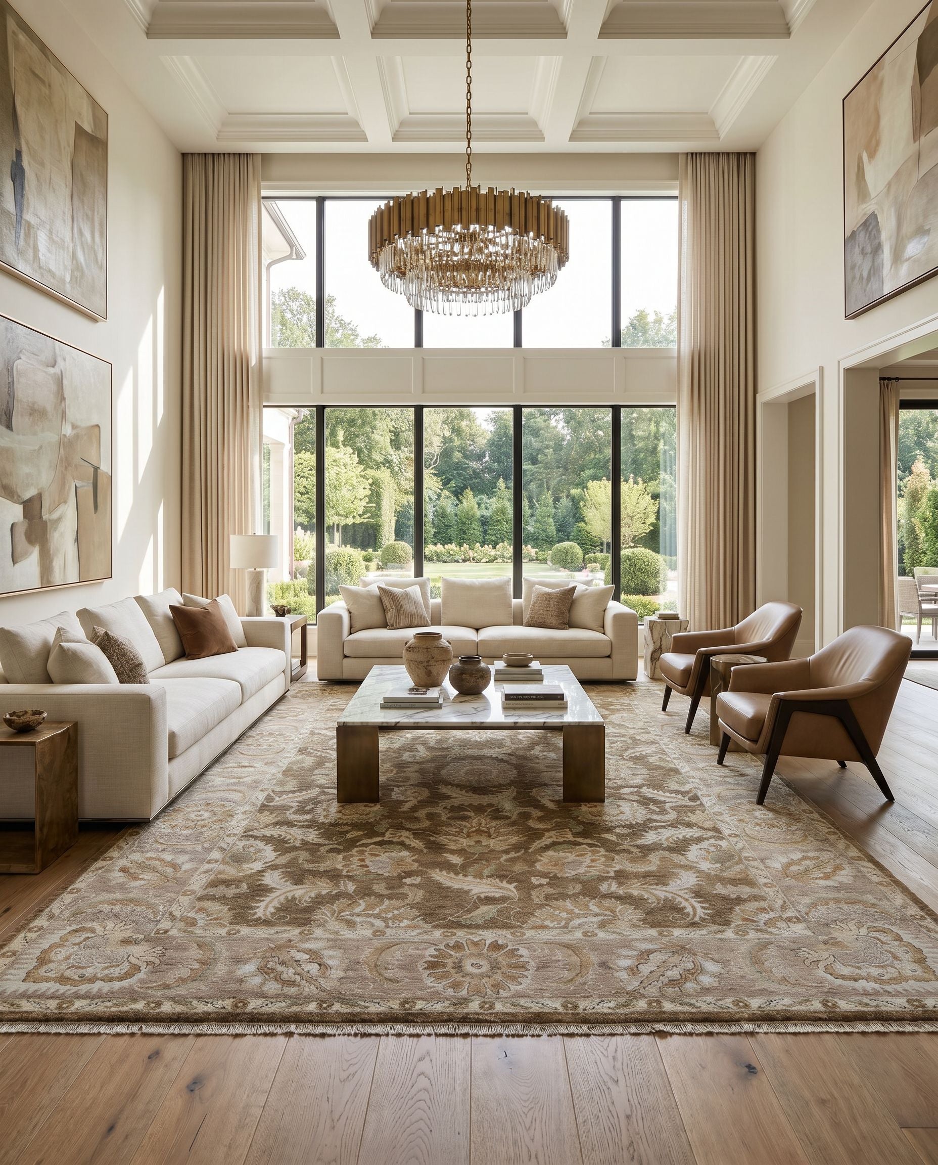 Timeless TIM-7907 Hand Knotted Rug as the centerpiece of a bright luxury living room — a hand knotted traditional area rug in gray, tan, brown and light brown tones