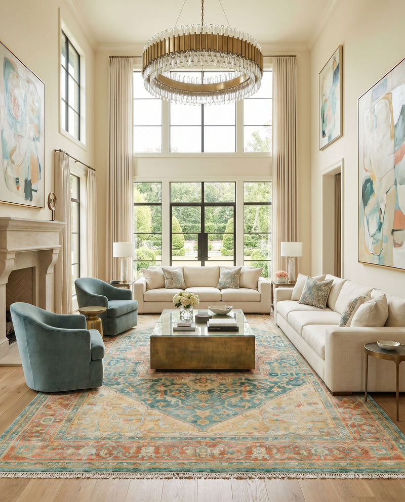 Hamadan HAM-2300 Hand Knotted Rug as the centerpiece of a bright luxury living room — a hand knotted traditional area rug in saffron, camel, light beige and sage tones