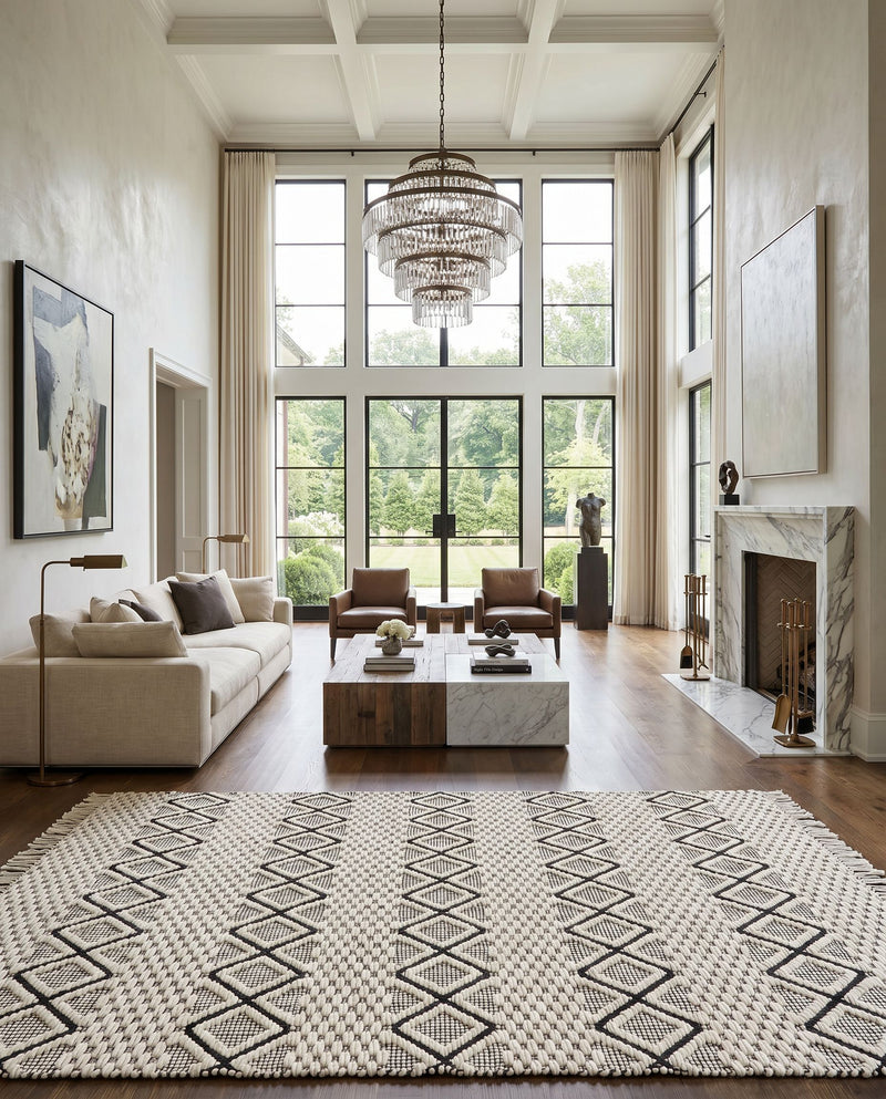 Saint Clair SIC-2301 Hand Woven Rug as the centerpiece of a bright luxury living room — a hand woven global area rug in black and cream tones