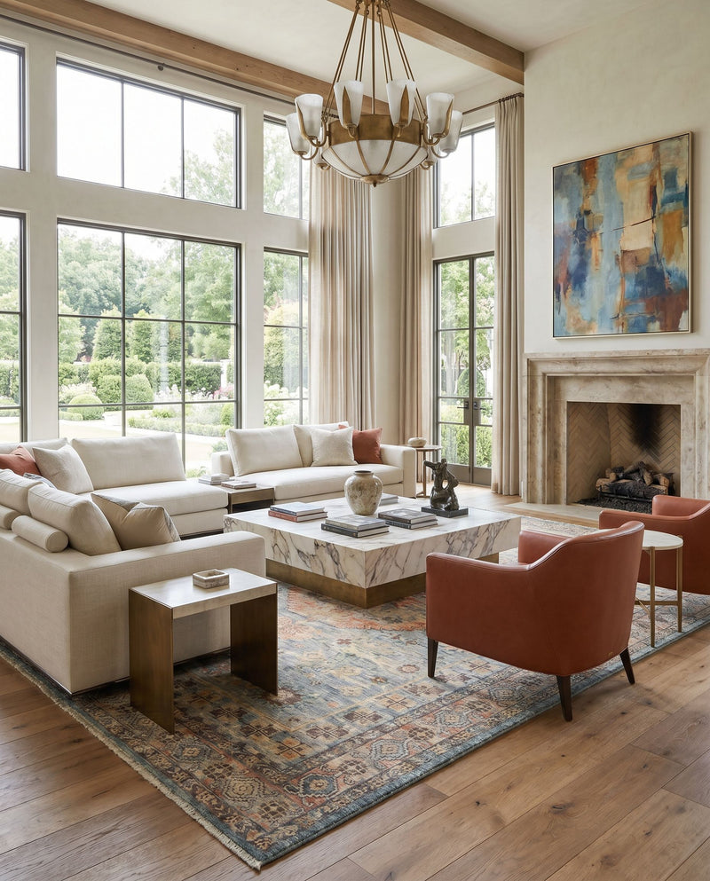 Cappadocia CPP-5028 Hand Knotted Rug as the centerpiece of a bright luxury living room — a hand knotted traditional area rug in sky blue, blue, sage and tan tones