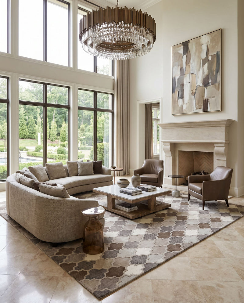 Oasis OAS-1088 Hand Tufted Rug as the centerpiece of a bright luxury living room — a hand tufted cottage area rug in charcoal, taupe, gray and dark brown tones