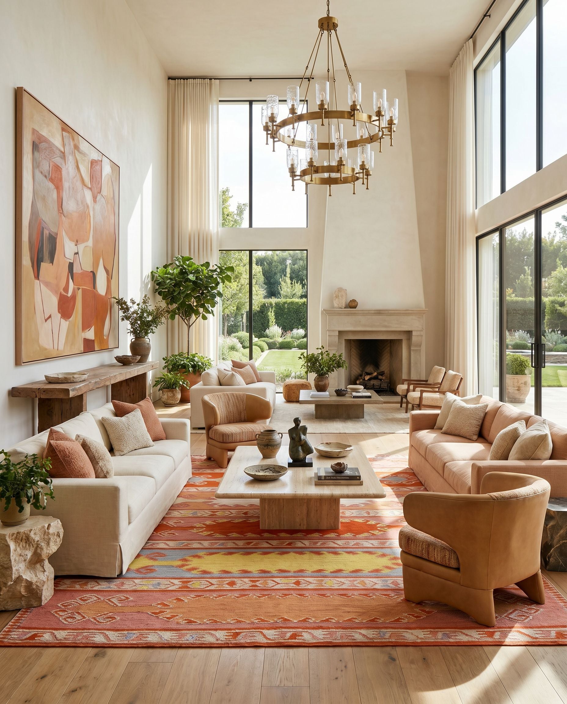 Sajal SAJ-1064 Hand Woven Rug as the centerpiece of a bright luxury living room — a hand woven global area rug in rust, camel, ivory and rose tones