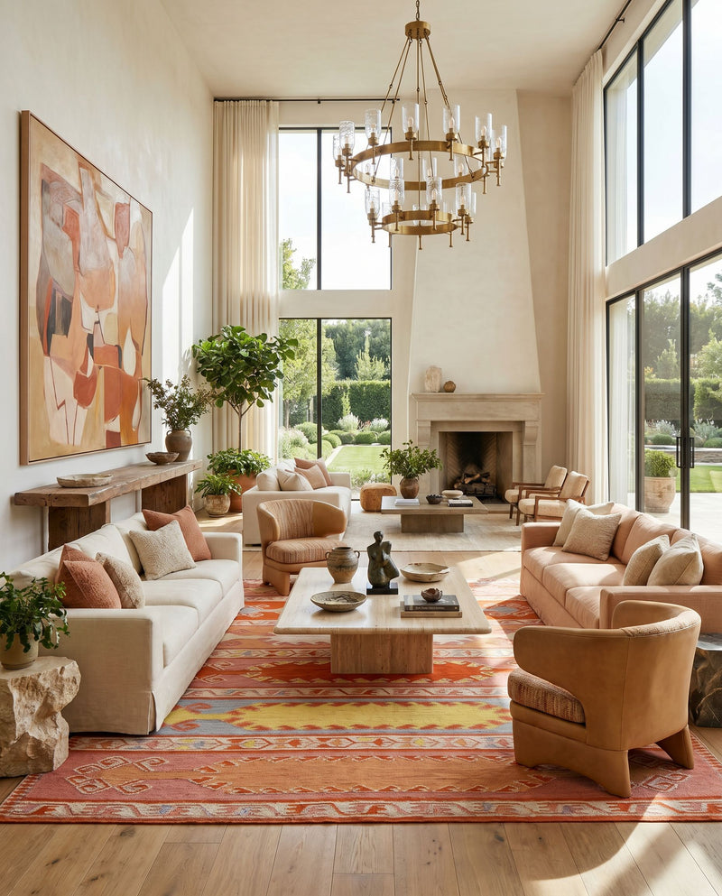 Sajal SAJ-1064 Hand Woven Rug as the centerpiece of a bright luxury living room — a hand woven global area rug in rust, camel, ivory and rose tones