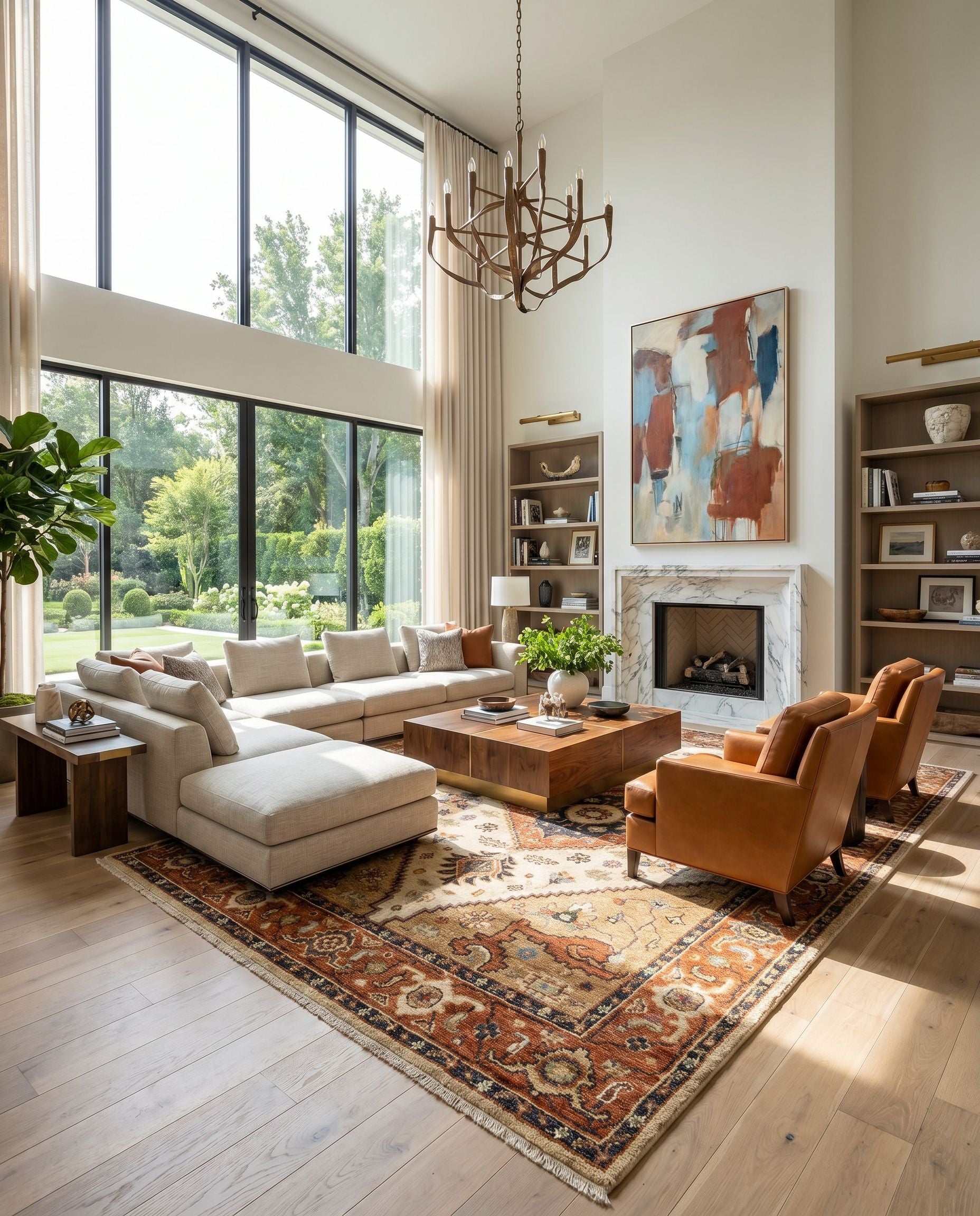 Biscayne BSY-2302 Hand Knotted Rug as the centerpiece of a bright luxury living room — a hand knotted traditional area rug in aqua, ink blue, tan and rust tones