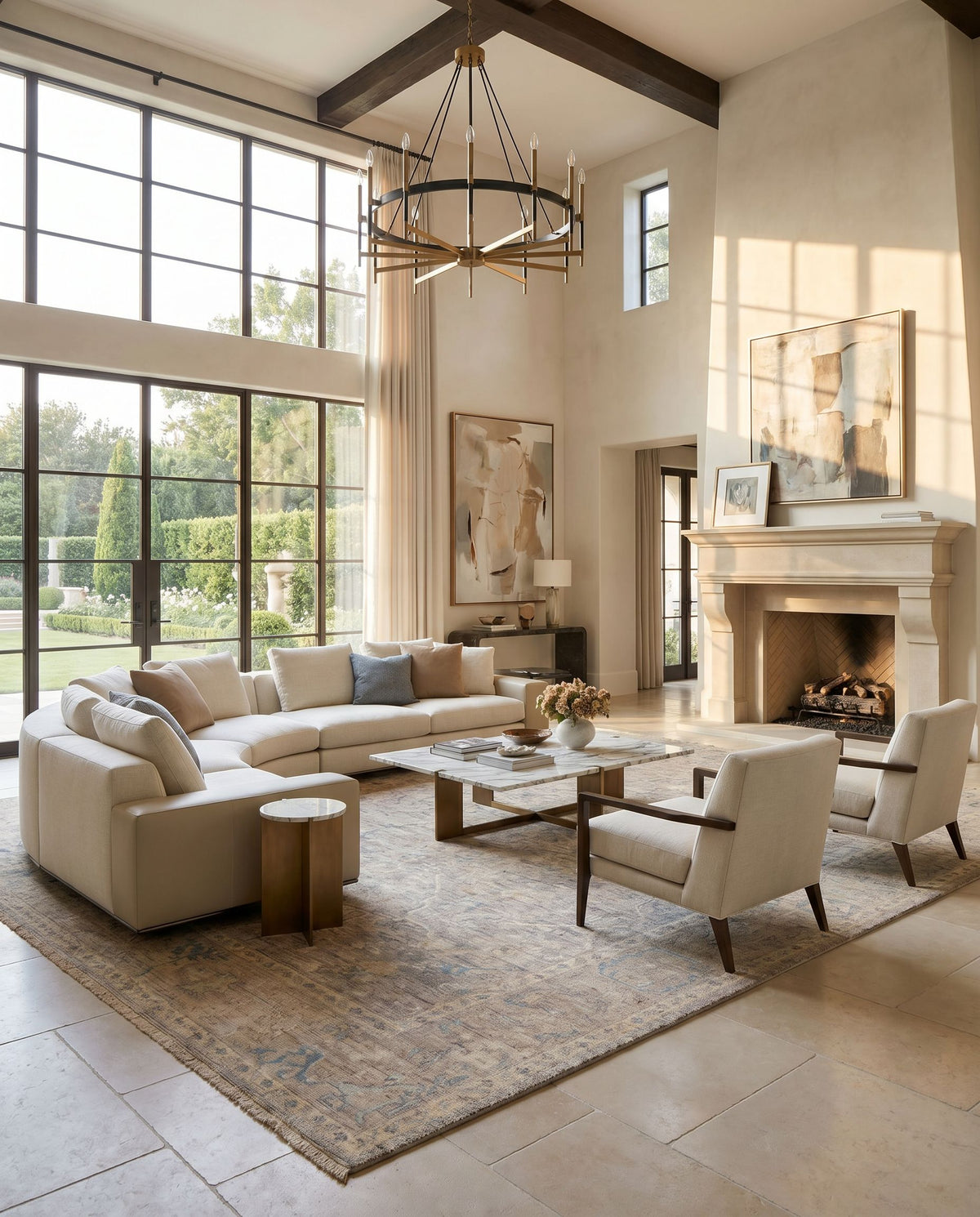 Reign REG-2322 Hand Knotted Rug as the centerpiece of a bright luxury living room — a hand knotted traditional area rug in light gray, beige, denim and medium brown tones