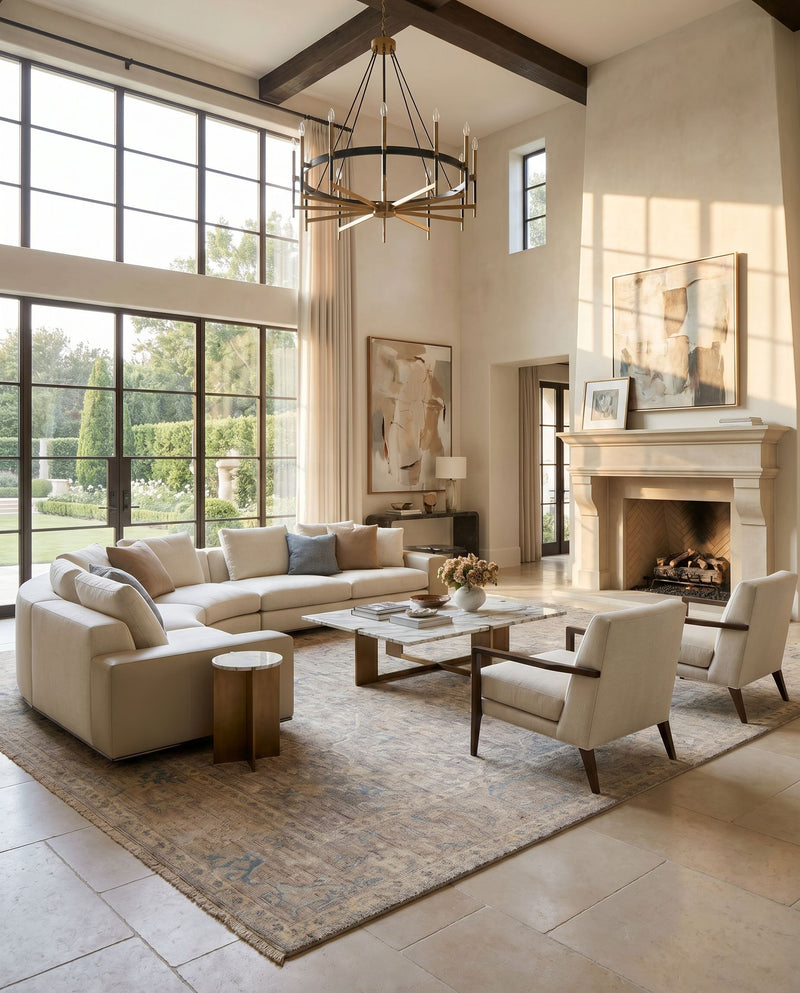 Reign REG-2322 Hand Knotted Rug as the centerpiece of a bright luxury living room — a hand knotted traditional area rug in light gray, beige, denim and medium brown tones