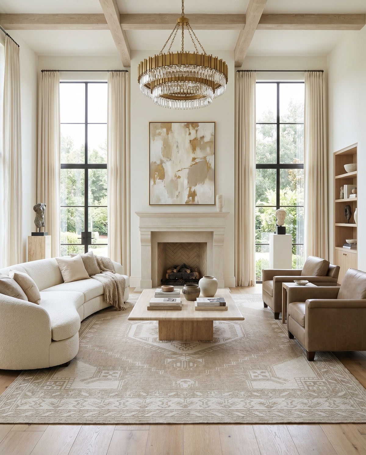 Zahra ZHA-2305 Hand Knotted Rug as the centerpiece of a bright luxury living room — a hand knotted traditional area rug in cream and light brown tones