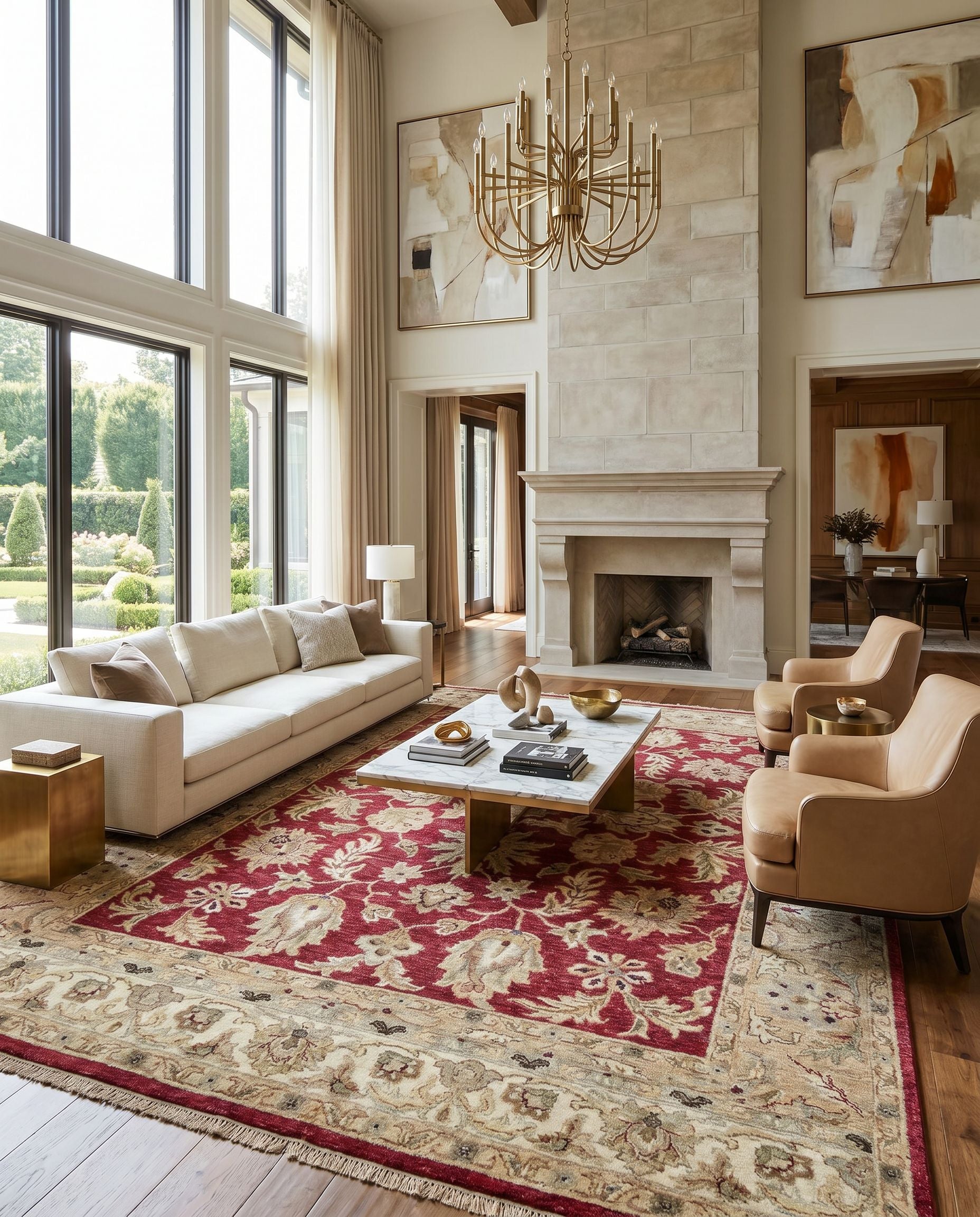 Timeless TIM-7901 Hand Knotted Rug as the centerpiece of a bright luxury living room — a hand knotted traditional area rug in red, mustard, olive and dusty sage tones