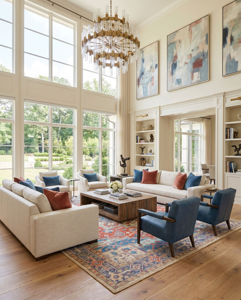 Kars KSA-2304 Hand Knotted Rug as the centerpiece of a bright luxury living room — a hand knotted traditional area rug in red, coral, blue and pale blue tones