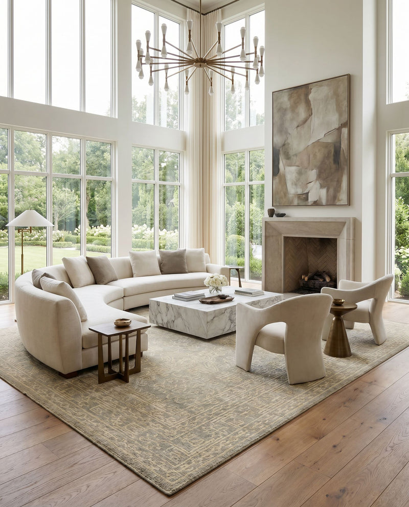 Haven HVN-1215 Hand Knotted Rug as the centerpiece of a bright luxury living room — a hand knotted traditional area rug in beige and cream tones
