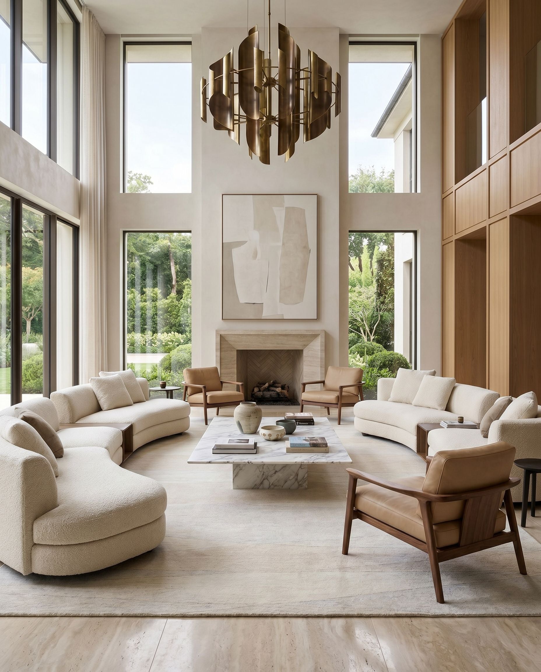 Forum FM-7238 Hand Tufted Rug as the centerpiece of a bright luxury living room — a hand tufted modern area rug in ivory, sand, light taupe and pale gray tones