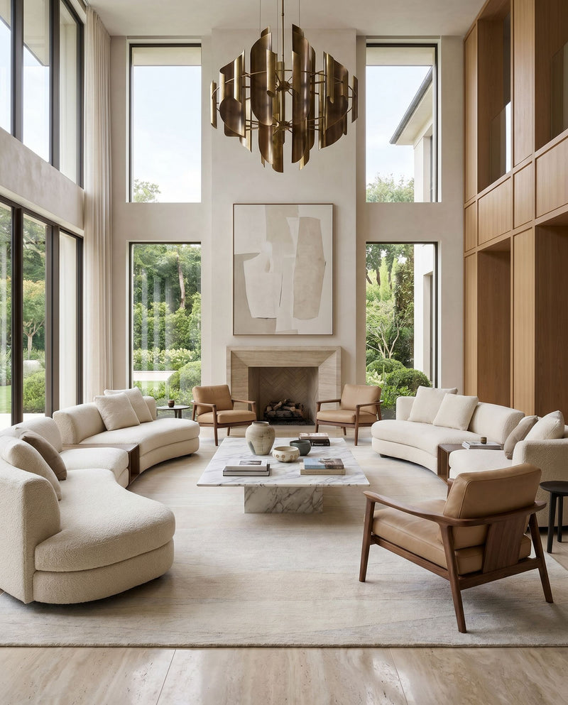 Forum FM-7238 Hand Tufted Rug as the centerpiece of a bright luxury living room — a hand tufted modern area rug in ivory, sand, light taupe and pale gray tones