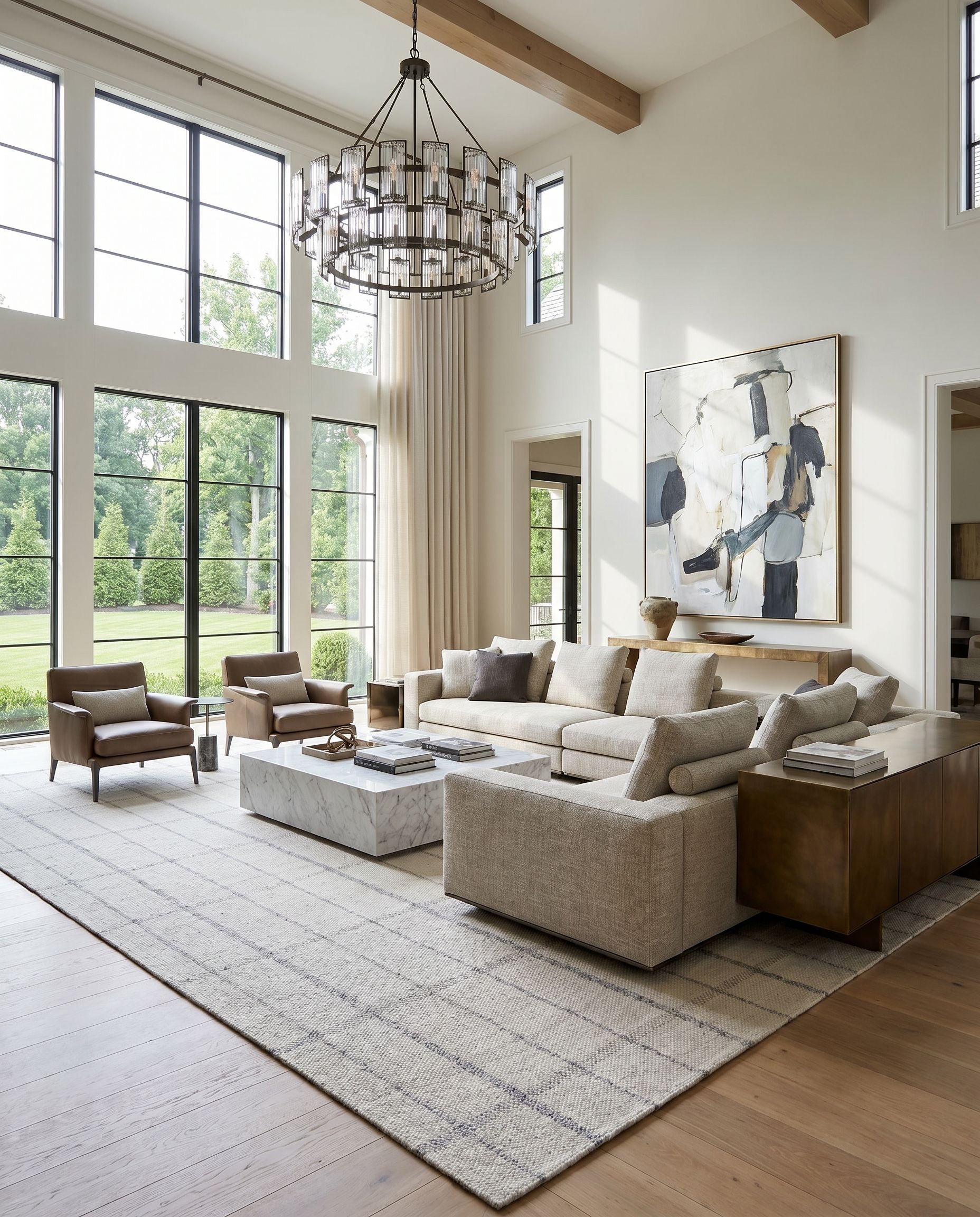 Tartan TAR-2304 Hand Woven Rug as the centerpiece of a bright luxury living room — a hand woven cottage area rug in oatmeal and slate tones