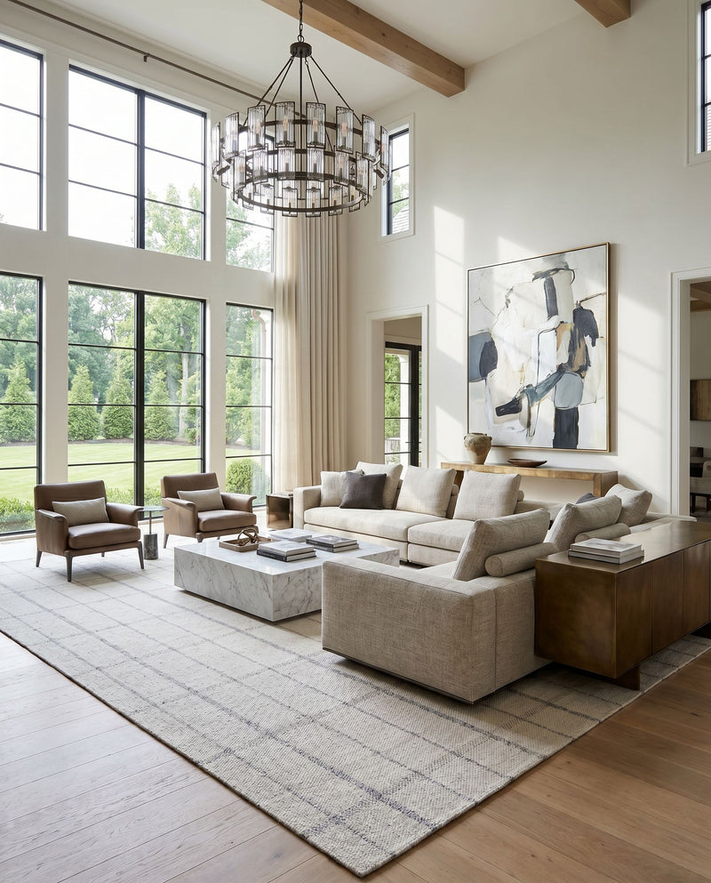 Tartan TAR-2304 Hand Woven Rug as the centerpiece of a bright luxury living room — a hand woven cottage area rug in oatmeal and slate tones