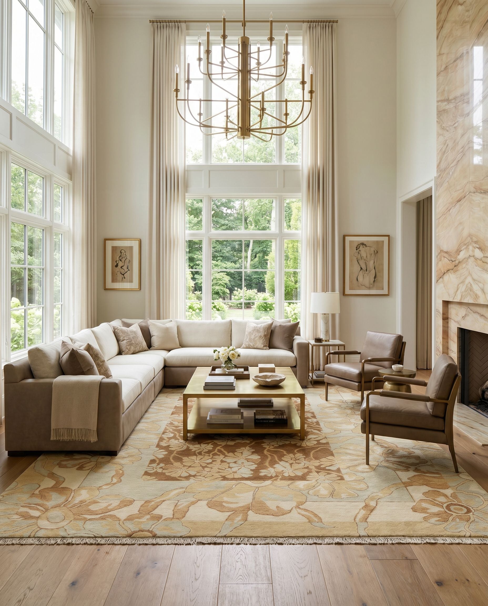 Sonoma SNM-8983 Hand Knotted Rug as the centerpiece of a bright luxury living room — a hand knotted traditional area rug in multicolor tones