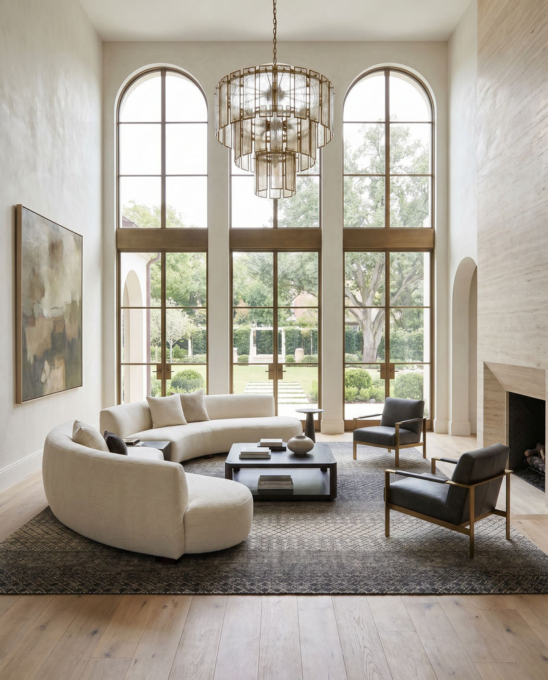 Bethesda BTD-2301 Hand Knotted Rug as the centerpiece of a bright luxury living room — a hand knotted global area rug in black, charcoal, medium gray and light gray tones