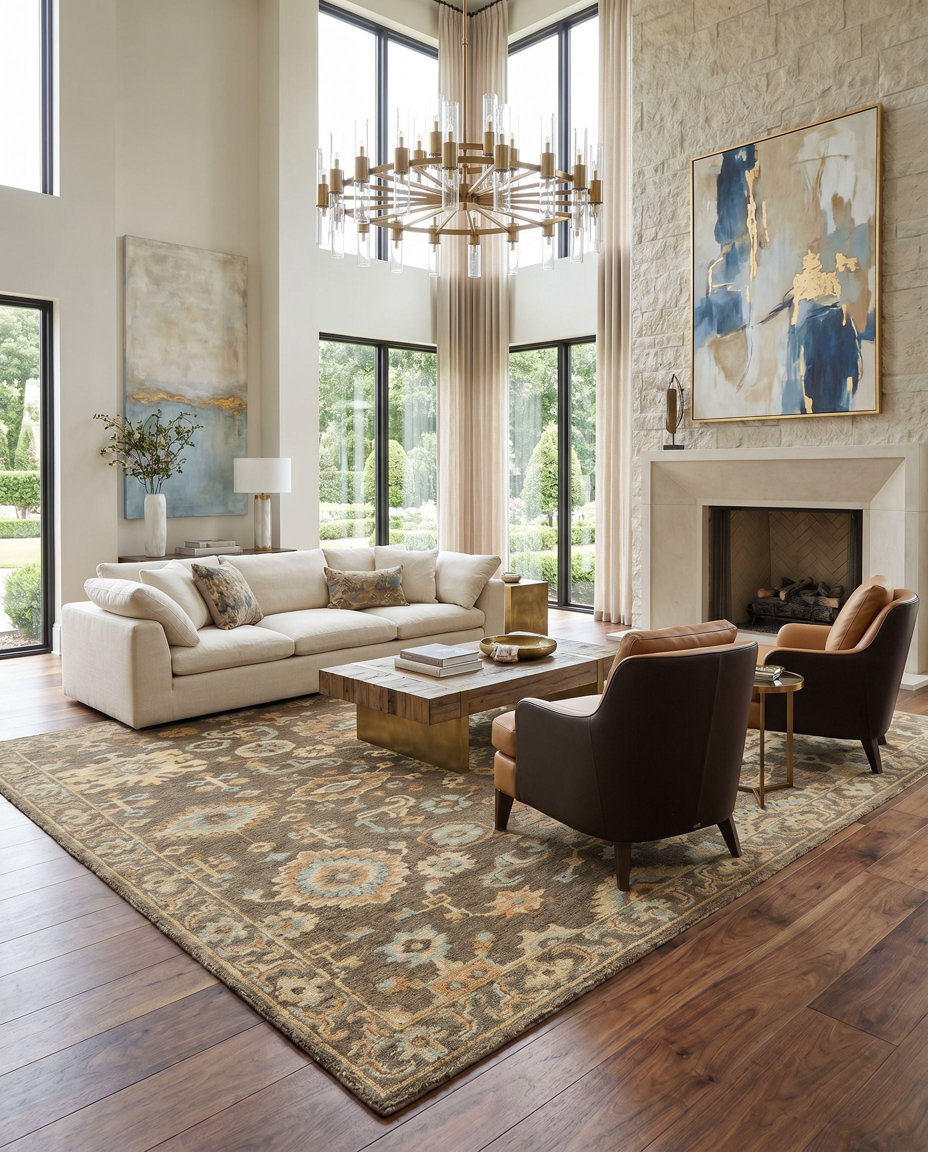 Cappadocia CPP-5032 Hand Knotted Rug as the centerpiece of a bright luxury living room — a hand knotted traditional area rug in burnt orange, seafoam, charcoal and olive tones