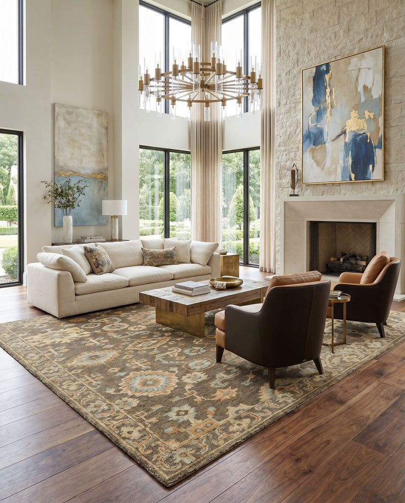 Cappadocia CPP-5032 Hand Knotted Rug as the centerpiece of a bright luxury living room — a hand knotted traditional area rug in burnt orange, seafoam, charcoal and olive tones