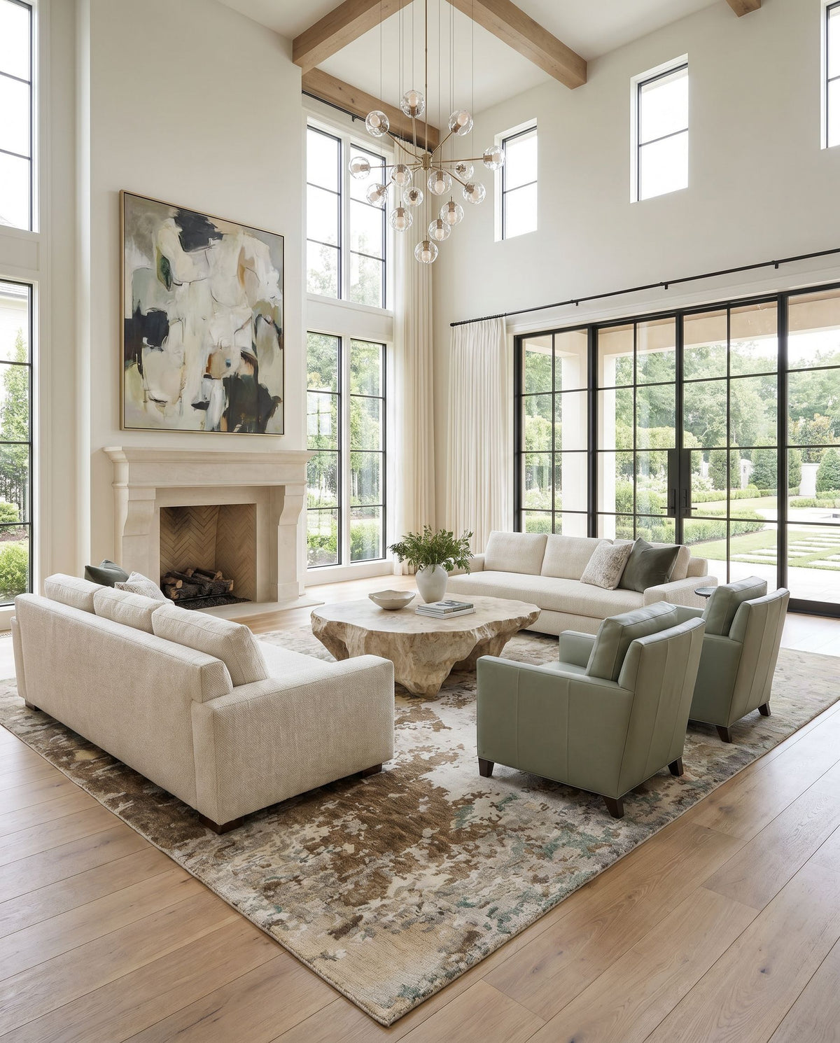 Arte RTE-2306 Hand Knotted Rug as the centerpiece of a bright luxury living room — a hand knotted modern area rug in tan, ivory, light gray and medium gray tones