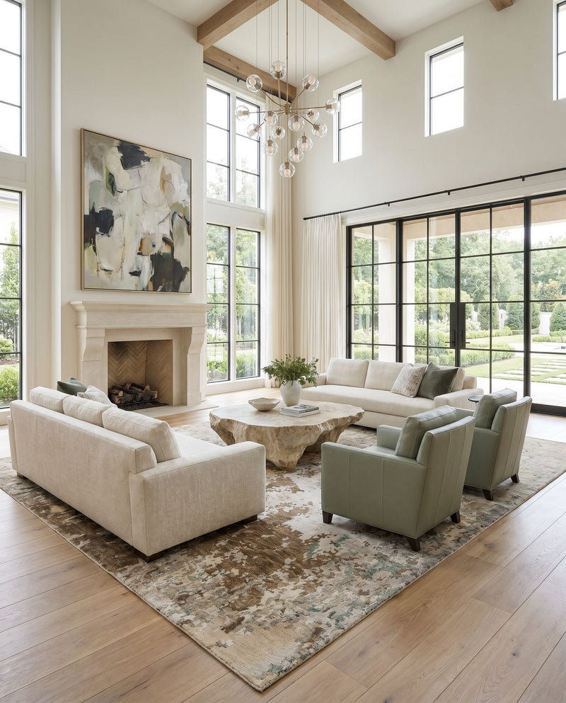 Arte RTE-2306 Hand Knotted Rug as the centerpiece of a bright luxury living room — a hand knotted modern area rug in tan, ivory, light gray and medium gray tones