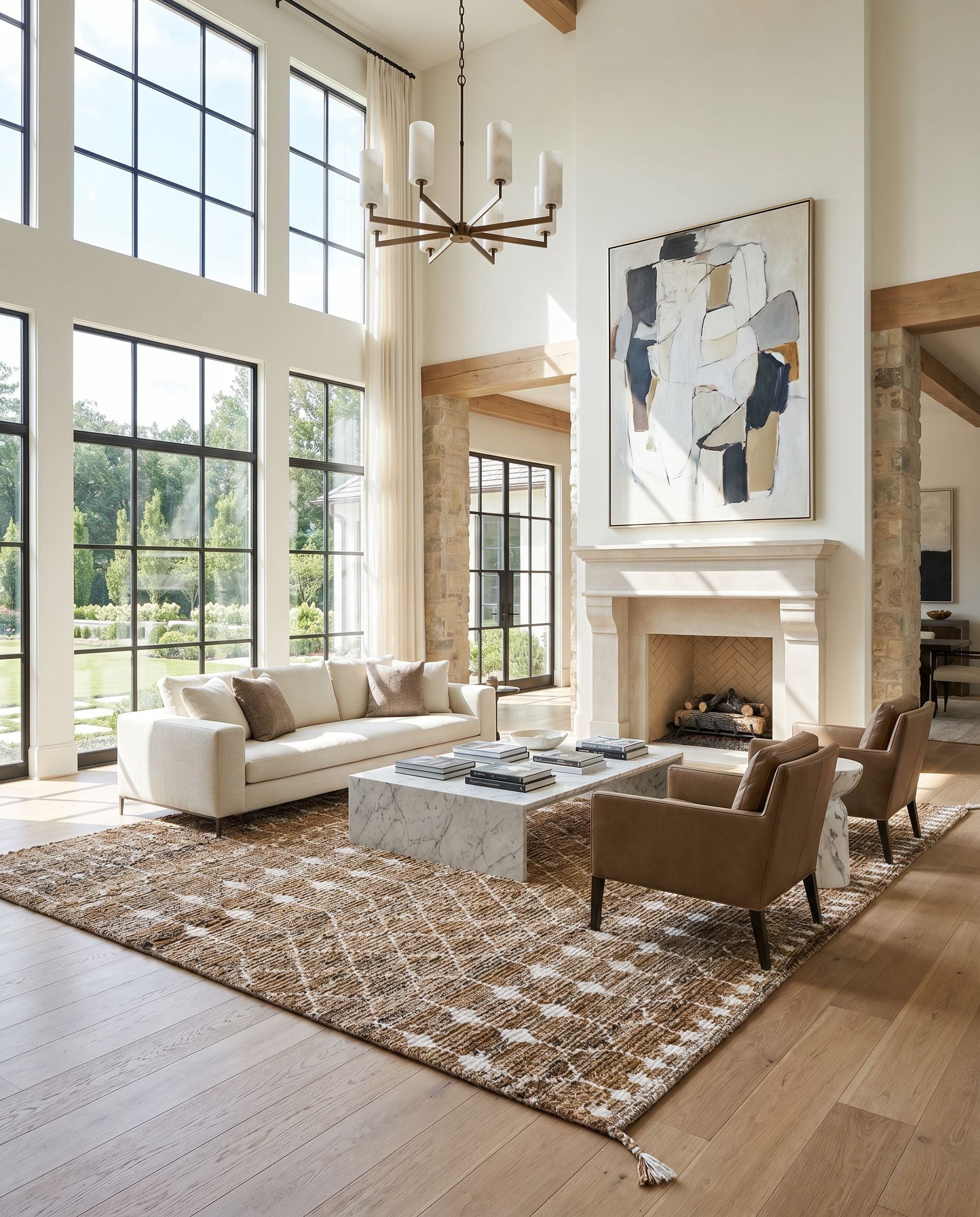 Birch BHC-2300 Hand Knotted Rug as the centerpiece of a bright luxury living room — a hand knotted global area rug in brown, black and cream tones