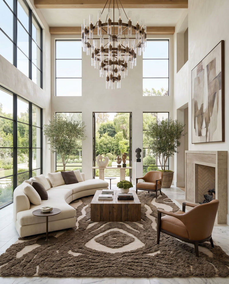 Midelt MDT-1004 Hand Woven Rug as the centerpiece of a bright luxury living room — a hand woven modern area rug in brown and medium brown tones