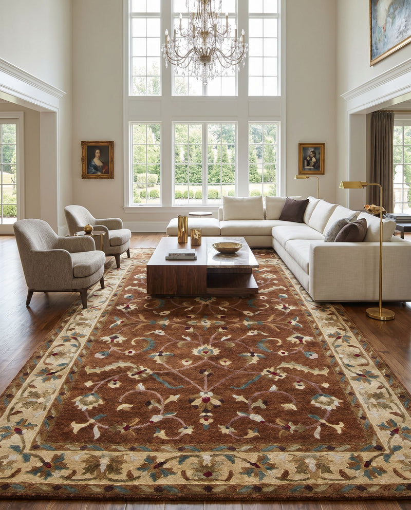 Anastacia ANA-8403 Hand Knotted Rug as the centerpiece of a bright luxury living room — a hand knotted traditional area rug in brown, wheat, dusty pink and pale blue tones