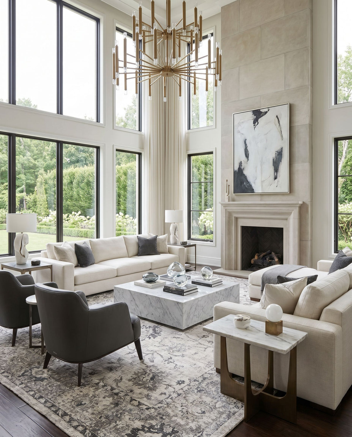 Wilson WSN-2309 Hand Loomed Rug as the centerpiece of a bright luxury living room — a hand loomed traditional area rug in charcoal, medium gray, gray and light gray tones