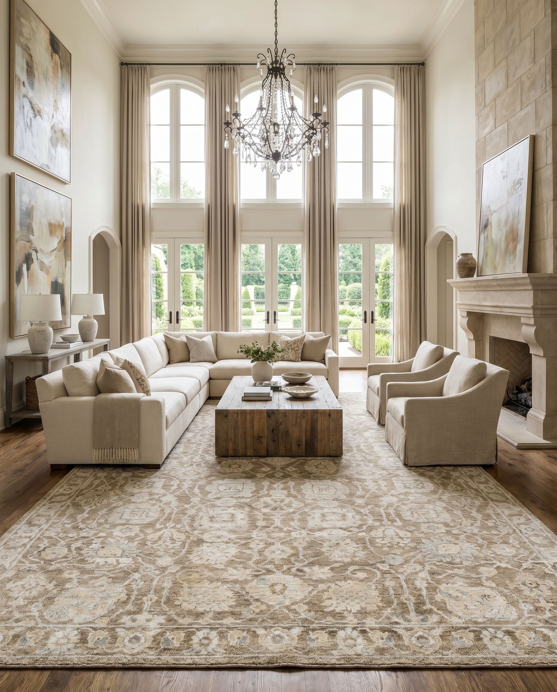 Royal RYL-2303 Hand Knotted Rug as the centerpiece of a bright luxury living room — a hand knotted traditional area rug in taupe, light beige, gray and slate tones