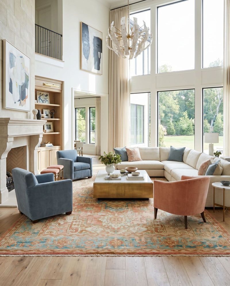 Hamadan HAM-2303 Hand Knotted Rug as the centerpiece of a bright luxury living room — a hand knotted traditional area rug in rust, dark blue, seafoam and saffron tones