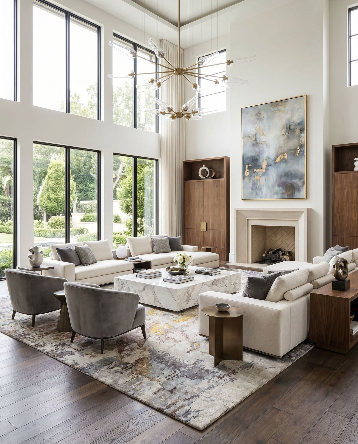 Imola IML-1000 Hand Knotted Rug as the centerpiece of a bright luxury living room — a hand knotted modern area rug in blue, tan, black and mauve tones