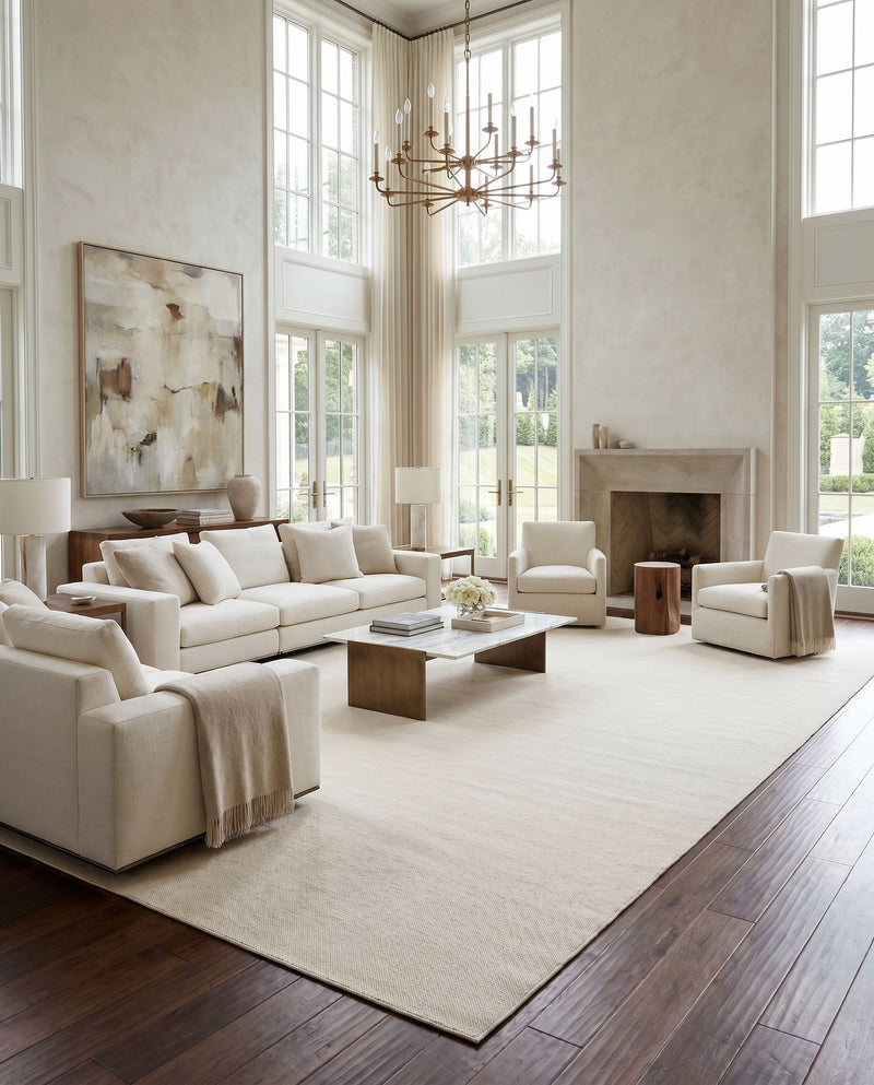 Acacia ACC-2302 Hand Woven Rug as the centerpiece of a bright luxury living room — a hand woven modern area rug in cream tones