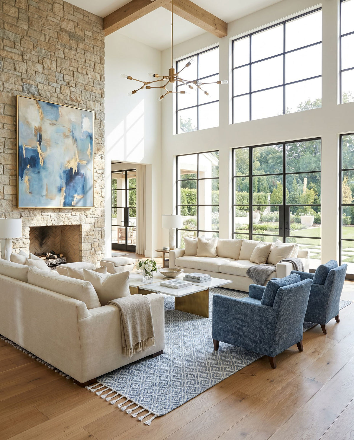 Peony PON-2304 Hand Woven Rug as the centerpiece of a bright luxury living room — a hand woven transitional, traditional area rug in powder blue, sky blue and ivory tones