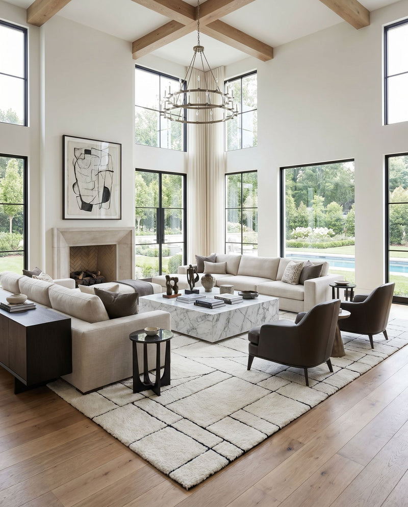 Portobello PBO-2302 Hand Tufted Rug as the centerpiece of a bright luxury living room — a hand tufted modern area rug in cream and black tones