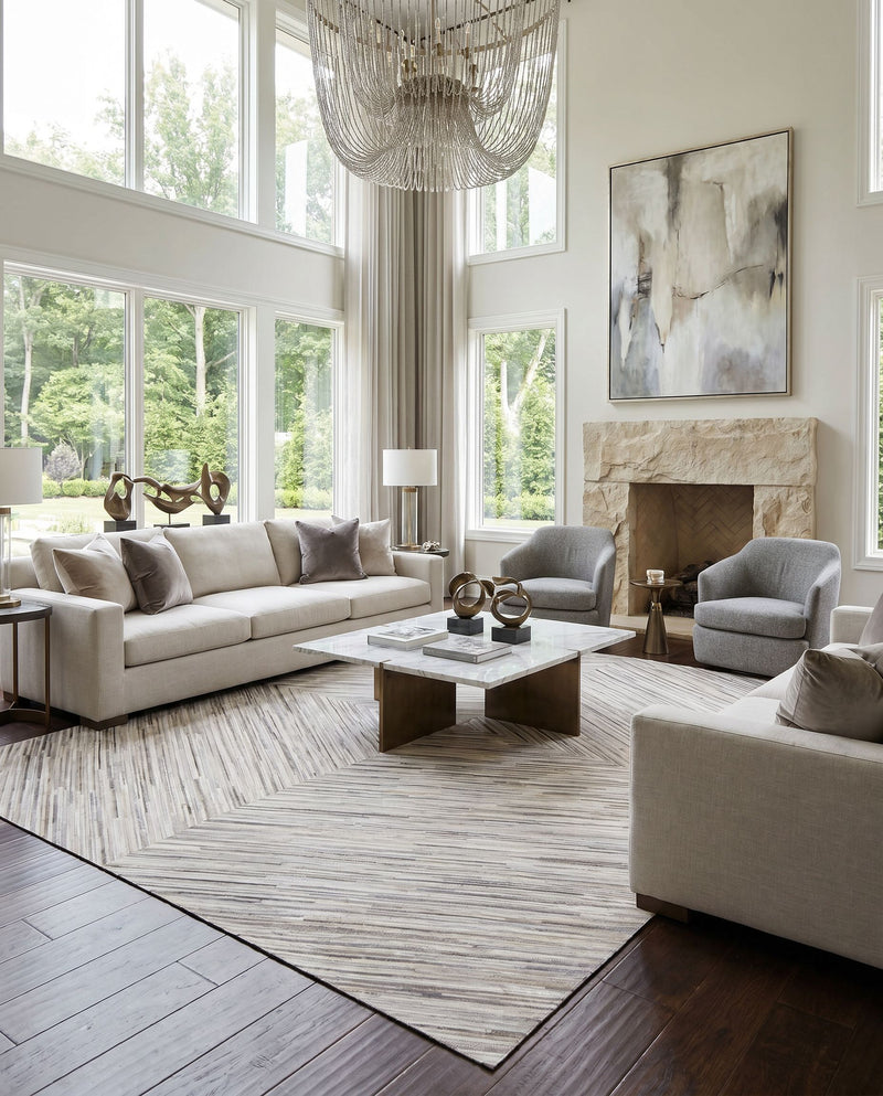 Zander ZND-1003 Hand Crafted Rug as the centerpiece of a bright luxury living room — a hand crafted modern area rug in cream, medium gray and brown tones