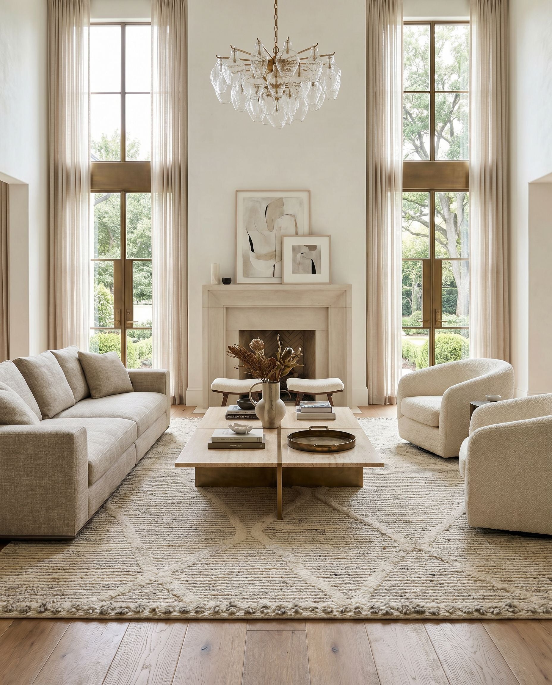 Manisa MNS-2307 Hand Woven Rug as the centerpiece of a bright luxury living room — a hand woven global area rug in cream and black tones
